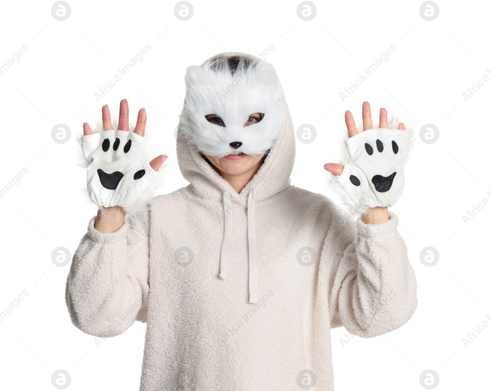 Photo of Quadrobics. Woman wearing cat mask and gloves on white background