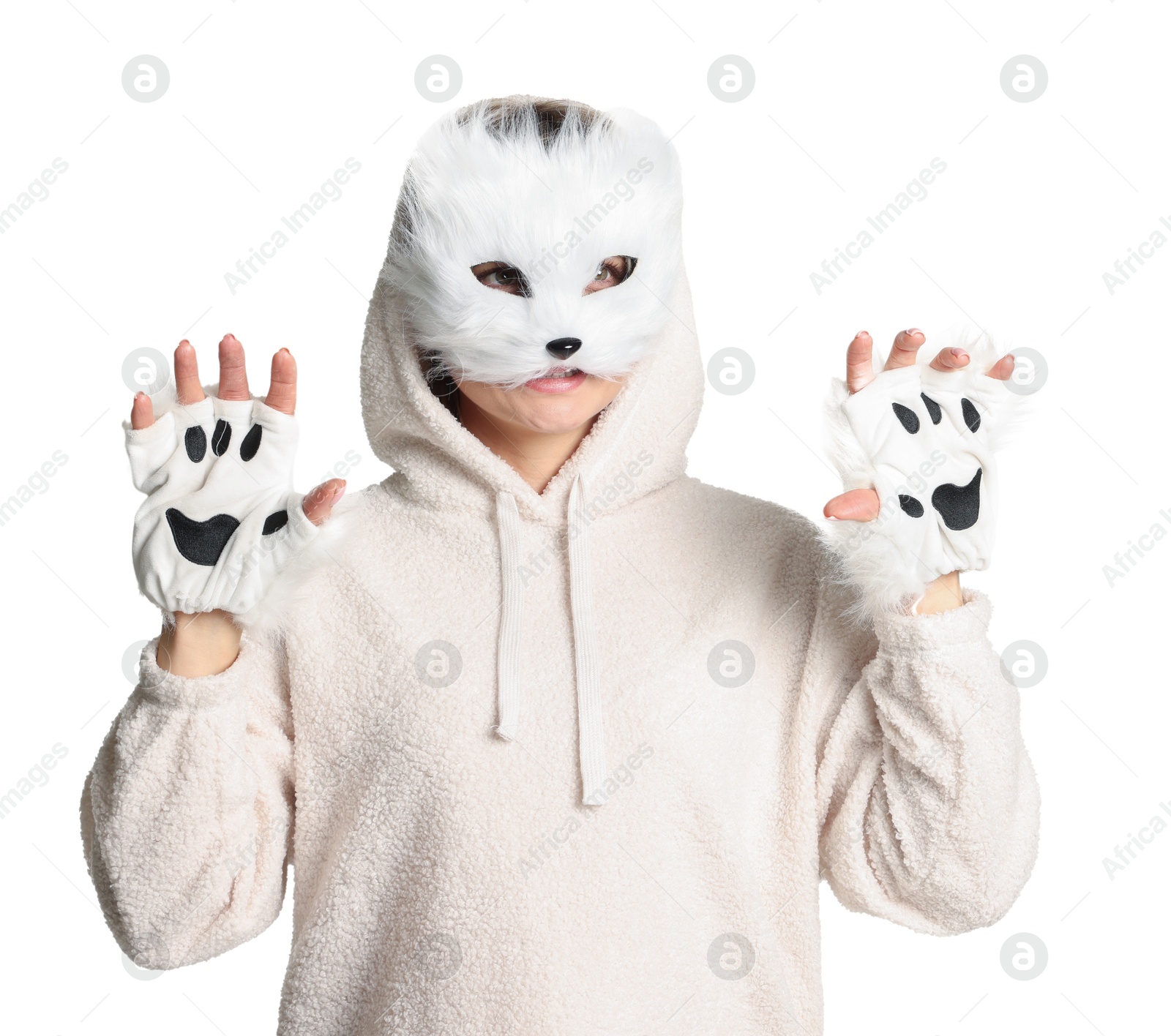 Photo of Quadrobics. Woman wearing cat mask and gloves on white background