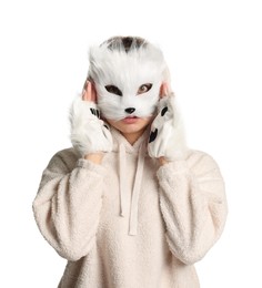 Photo of Quadrobics. Woman wearing cat mask and gloves on white background