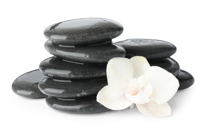 Photo of Wet spa stones with flower isolated on white