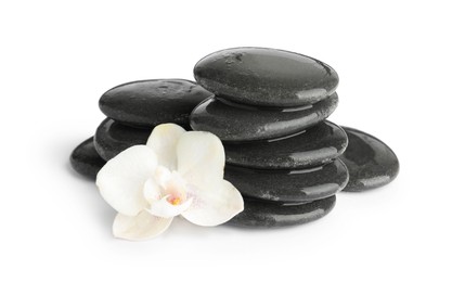 Photo of Wet spa stones with flower isolated on white