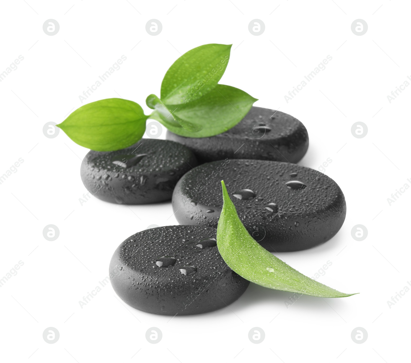 Photo of Wet spa stones and green leaves isolated on white