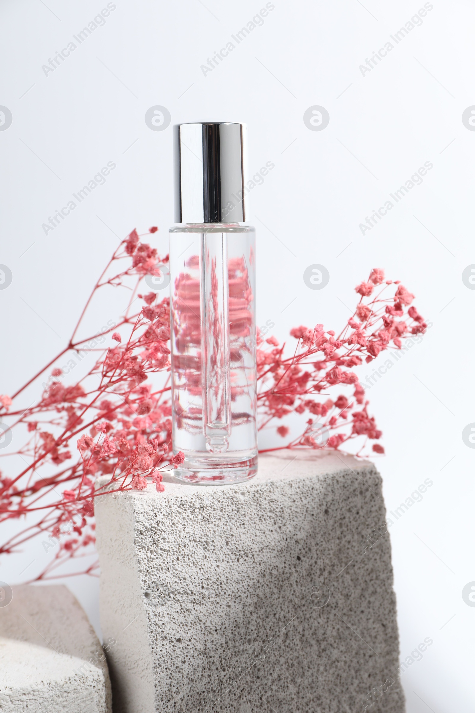 Photo of Bottle of serum and pink gypsophila flowers on concrete block against white background