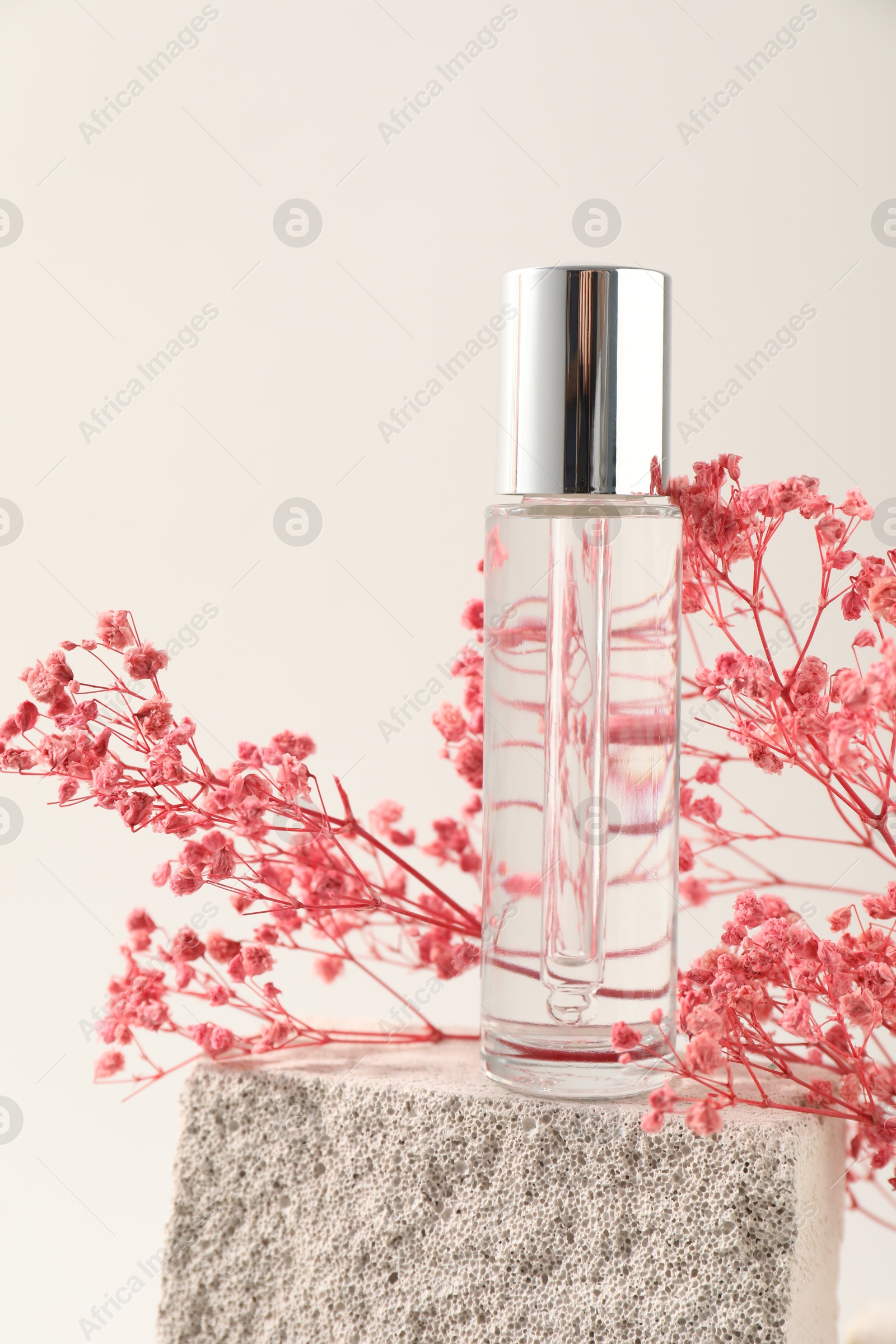 Photo of Bottle of serum and pink gypsophila flowers on concrete block against white background