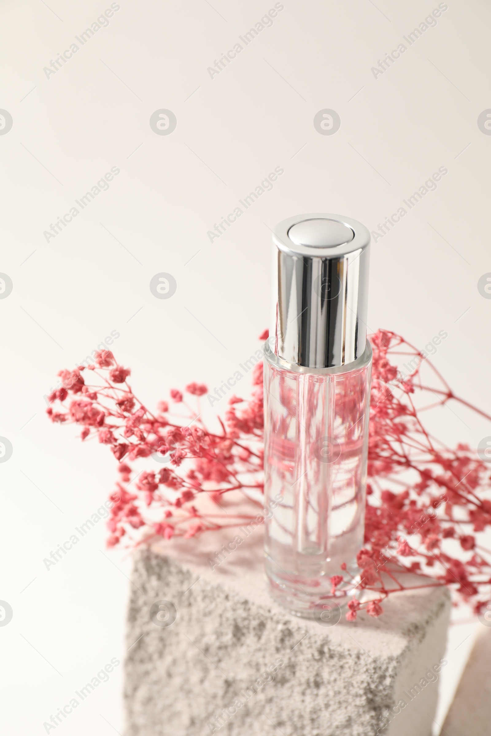 Photo of Bottle of serum and pink gypsophila flowers on concrete block against white background