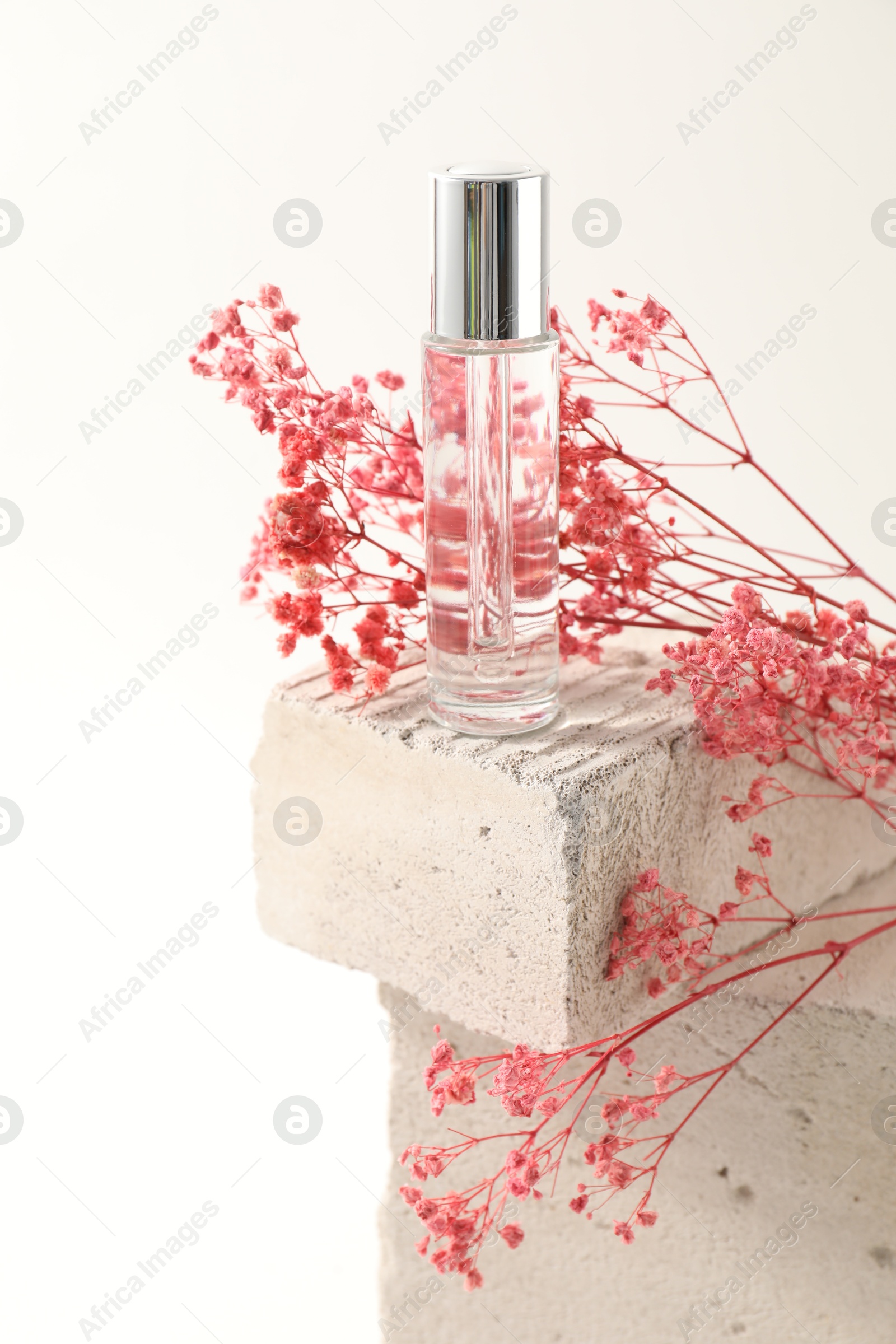 Photo of Bottle of serum and pink gypsophila flowers on concrete block against white background