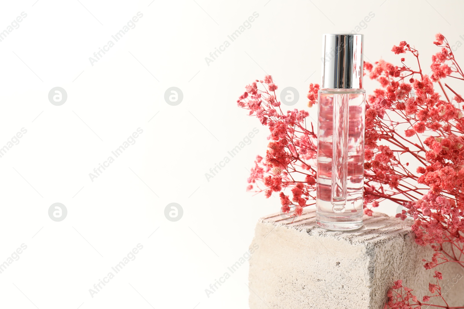 Photo of Bottle of serum and pink gypsophila flowers on concrete block against white background, space for text