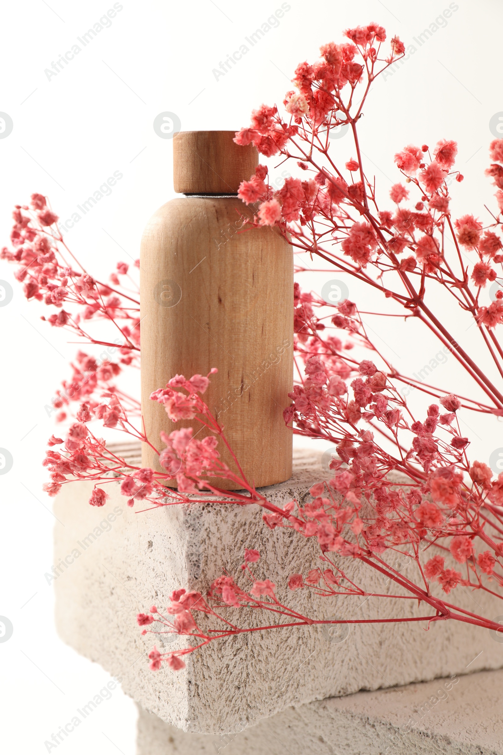 Photo of Bottle of cosmetic product and pink gypsophila flowers on concrete block against white background