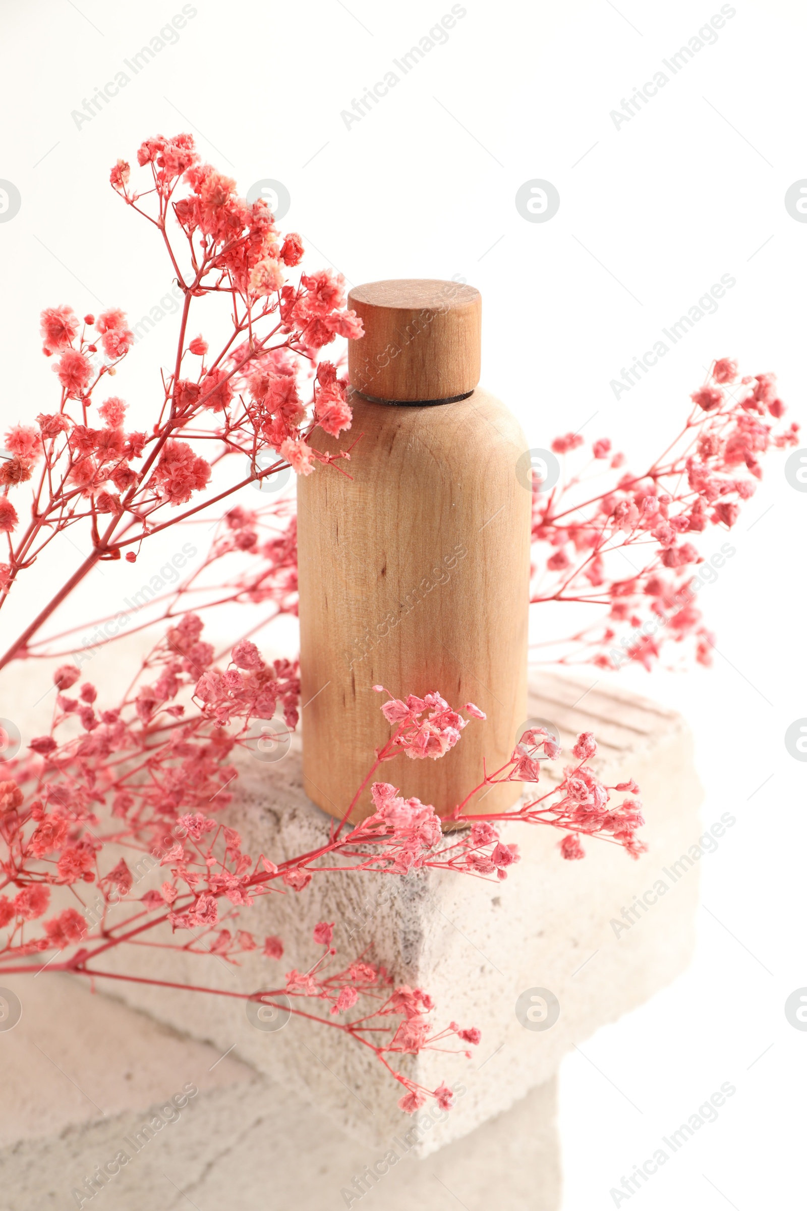 Photo of Bottle of cosmetic product and pink gypsophila flowers on concrete block against white background