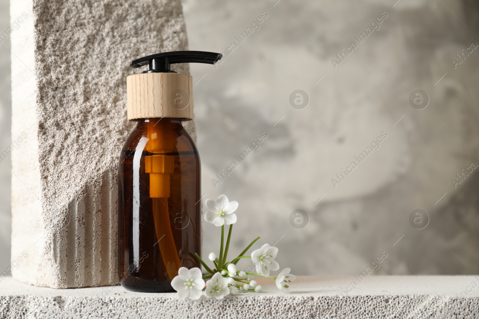 Photo of Bottle of cosmetic product and beautiful white flowers on concrete surface against gray background, space for text