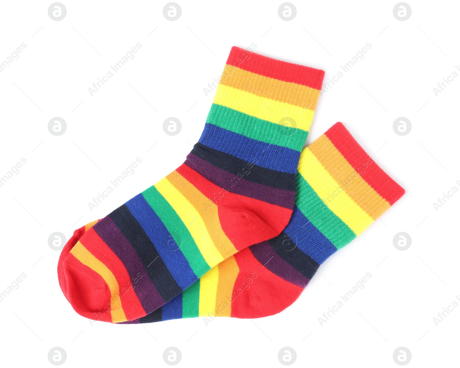 Photo of Pair of socks in LGBT colors on white background, top view