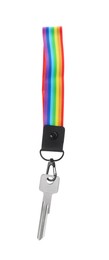 Photo of Key with keychain in LGBT colors on white background