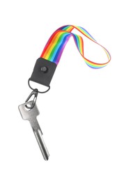 Photo of Key with keychain in LGBT colors on white background