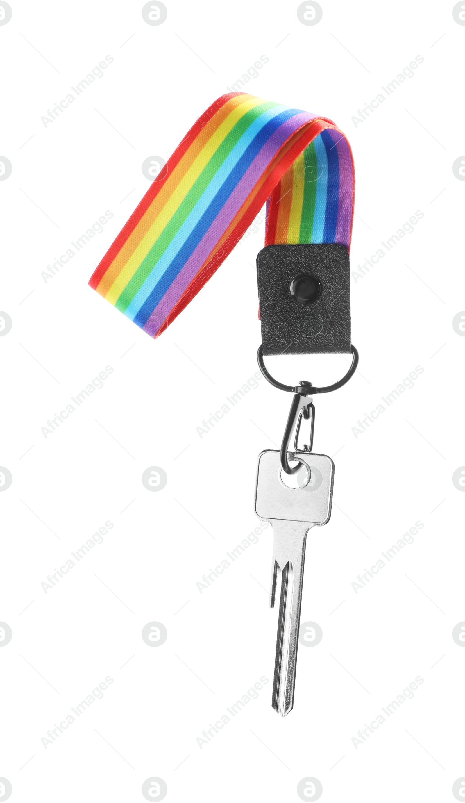 Photo of Key with keychain in LGBT colors on white background