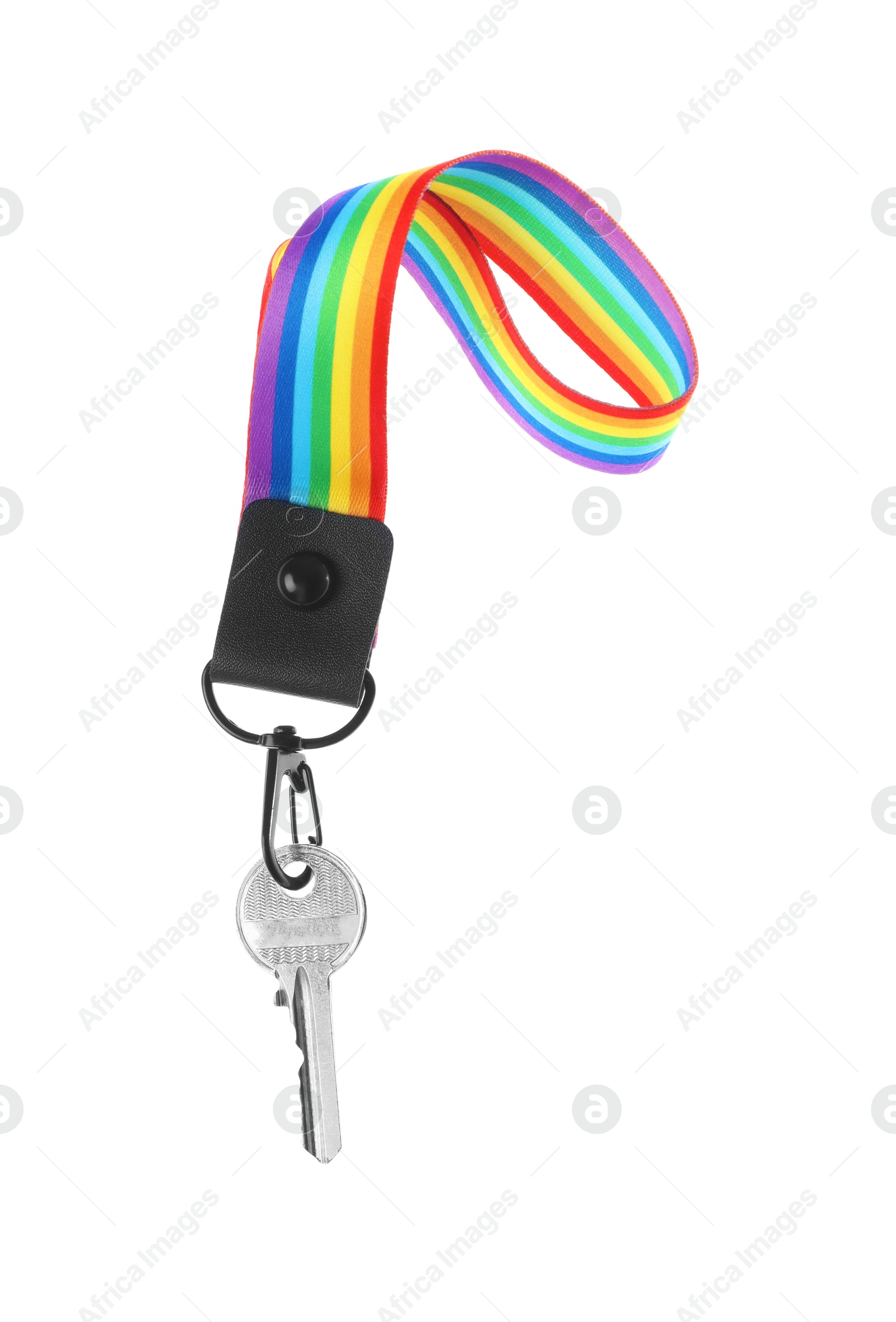 Photo of Key with keychain in LGBT colors on white background