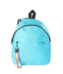 Photo of Backpack with keychain in LGBT colors on white background