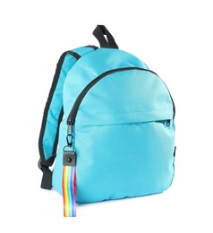 Photo of Backpack with keychain in LGBT colors on white background