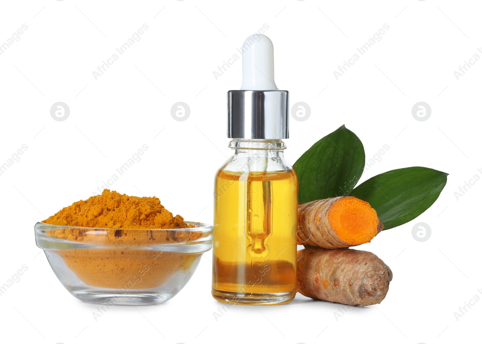 Photo of Bottle of turmeric essential oil, powder, raw roots and leaves isolated on white