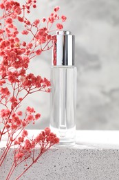 Bottle of serum and pink gypsophila flowers on concrete surface against gray background