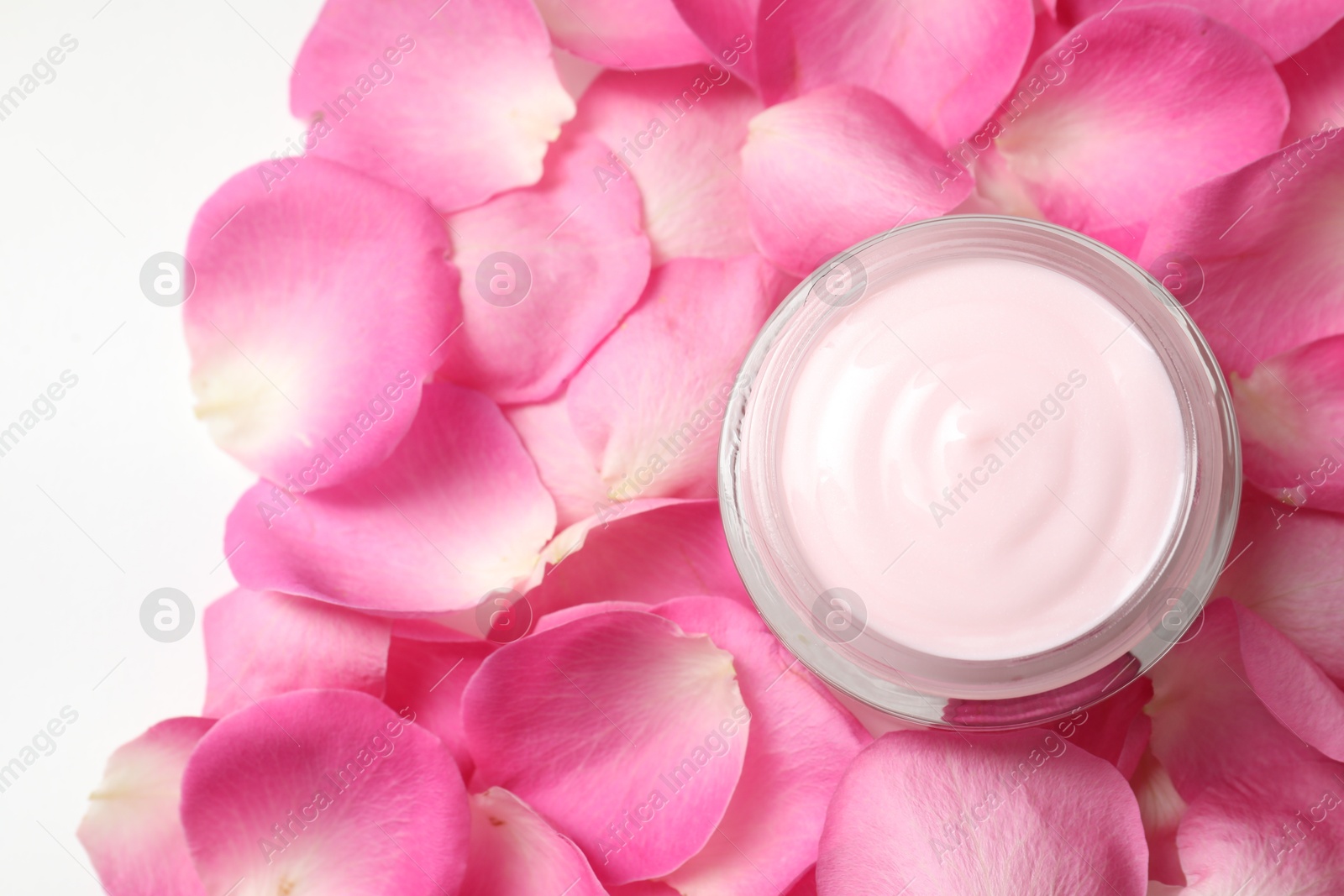 Photo of Jar of cream and pink petals on white background, top view