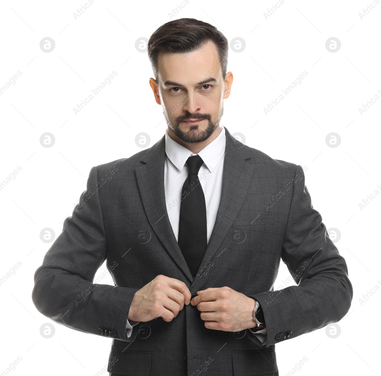 Photo of Confident man in classic suit on white background