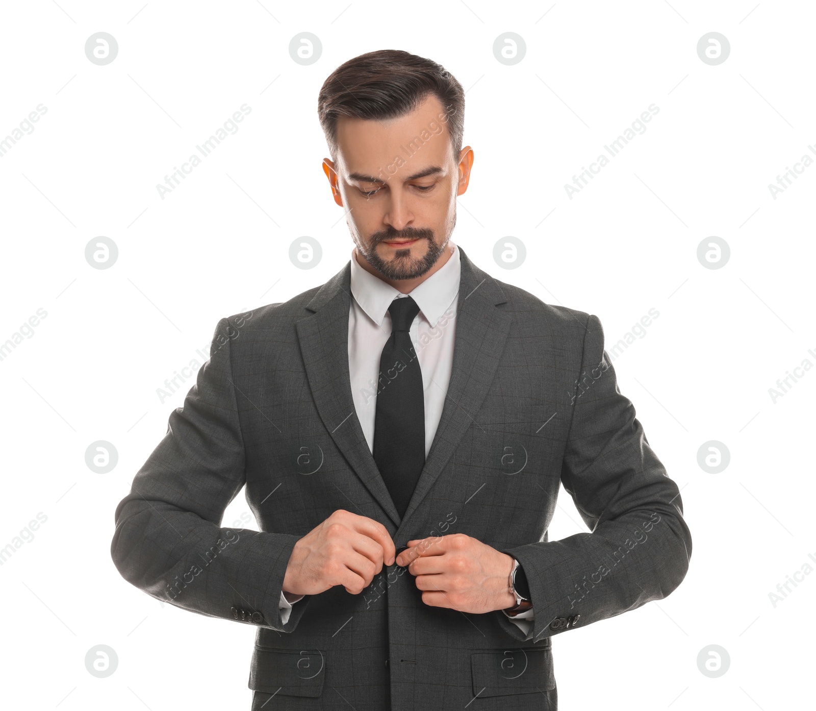 Photo of Confident man in classic suit on white background