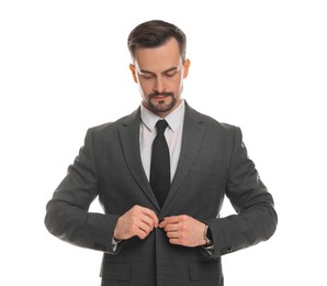 Photo of Confident man in classic suit on white background