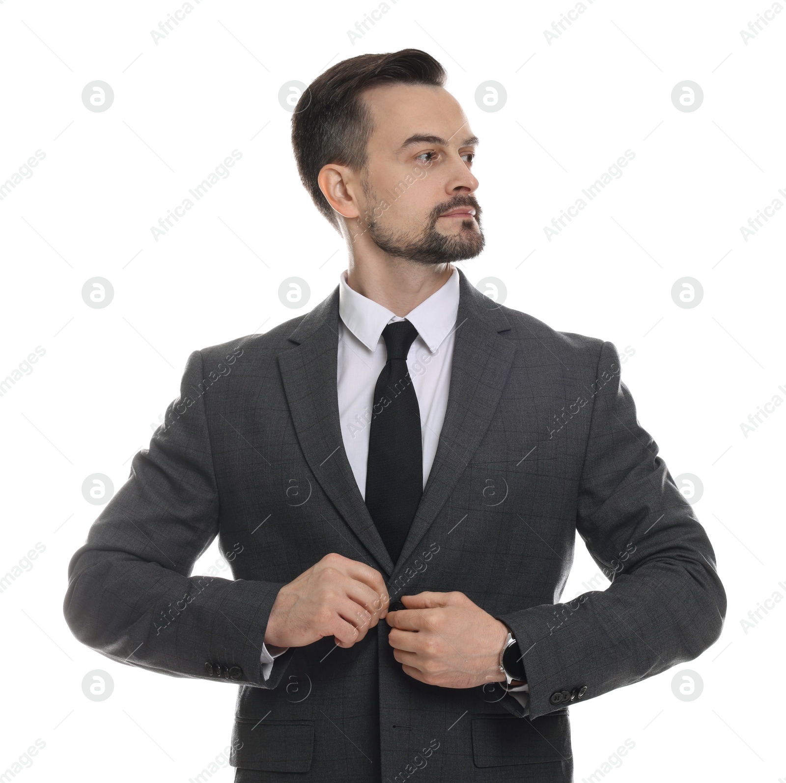 Photo of Confident man in classic suit on white background