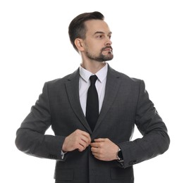 Photo of Confident man in classic suit on white background