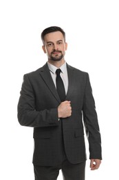 Photo of Confident man in classic suit on white background