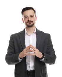 Photo of Handsome man in classic suit on white background