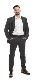 Photo of Confident man in classic suit on white background