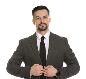 Photo of Confident man in classic suit on white background