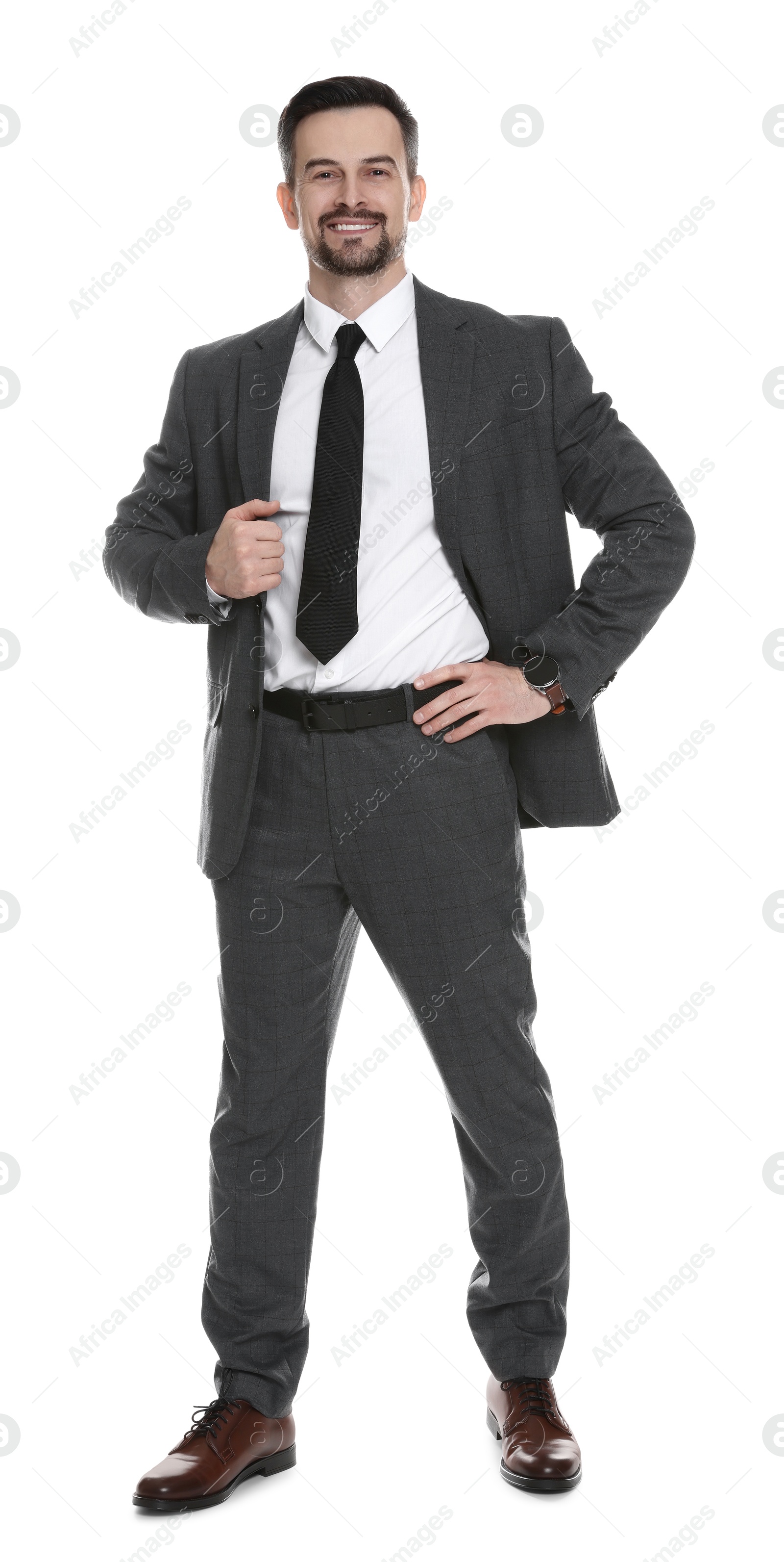 Photo of Handsome man in classic suit on white background