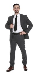 Photo of Handsome man in classic suit on white background