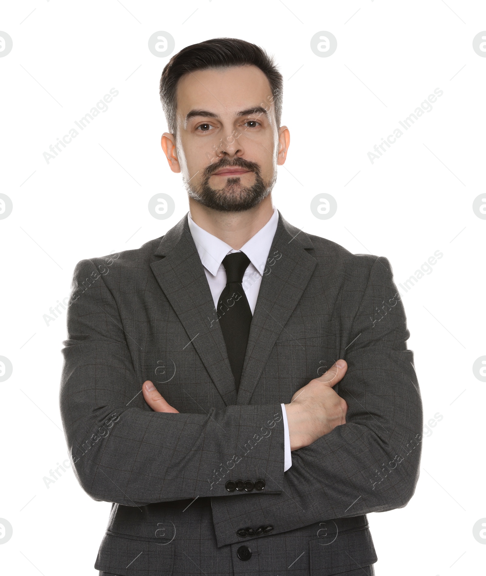 Photo of Confident man in classic suit on white background