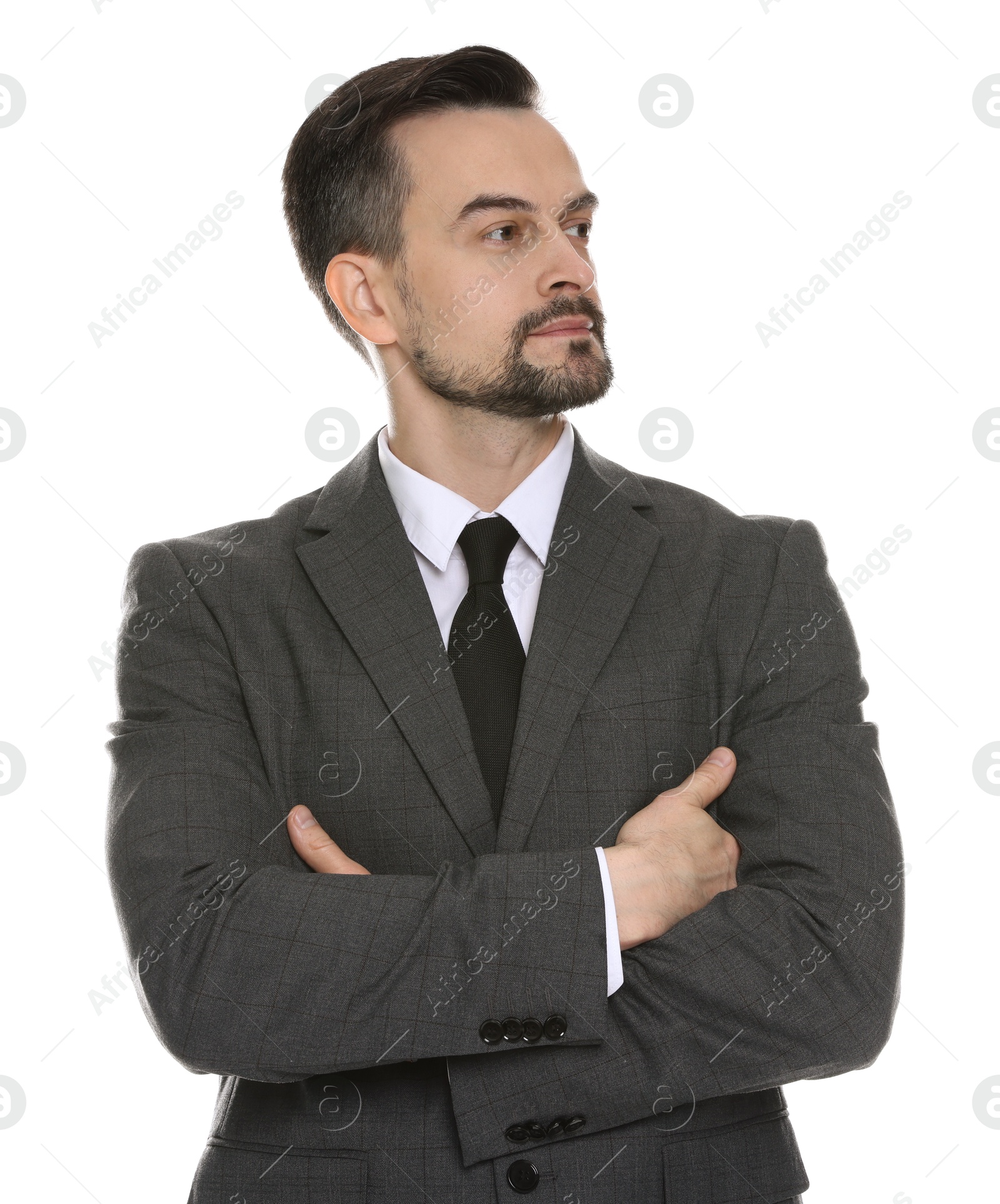 Photo of Confident man in classic suit on white background