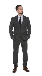 Photo of Confident man in classic suit on white background