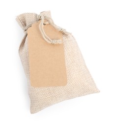 Photo of Burlap bag with tag isolated on white, top view