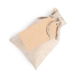 Burlap bag with tag isolated on white, top view