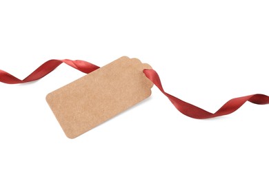 Photo of Blank tag with ribbon isolated on white