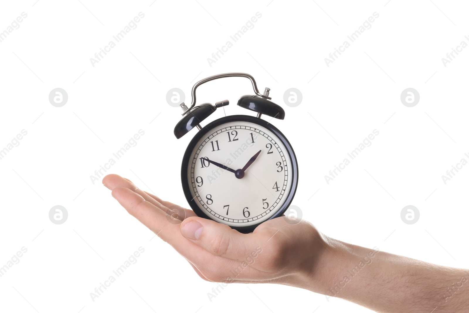 Photo of Man with black alarm clock on white background, closeup