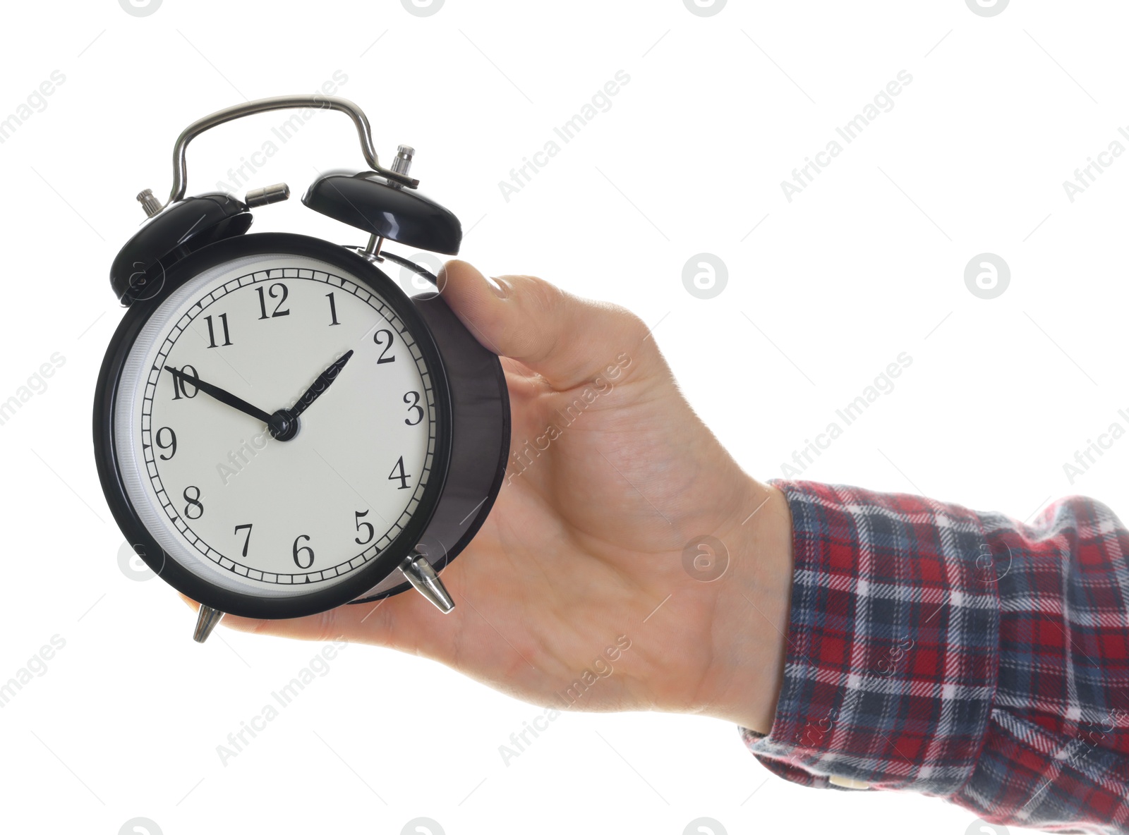 Photo of Man with black alarm clock on white background, closeup