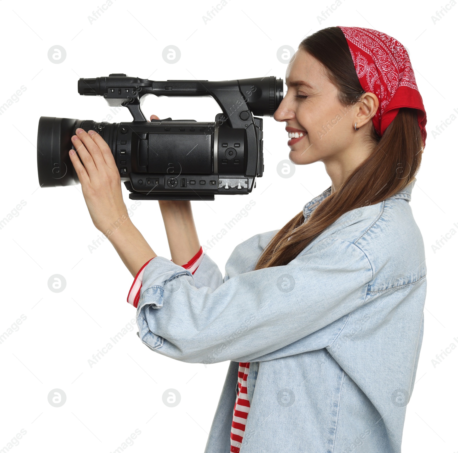 Photo of Happy woman with professional video camera on white background