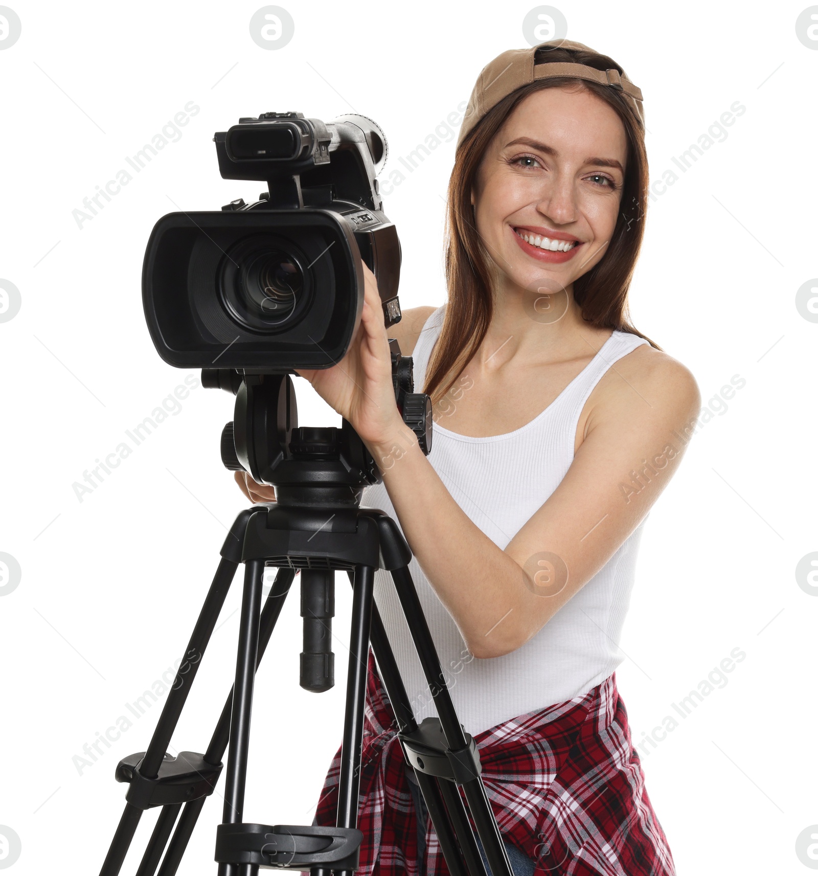 Photo of Happy woman with professional video camera on white background