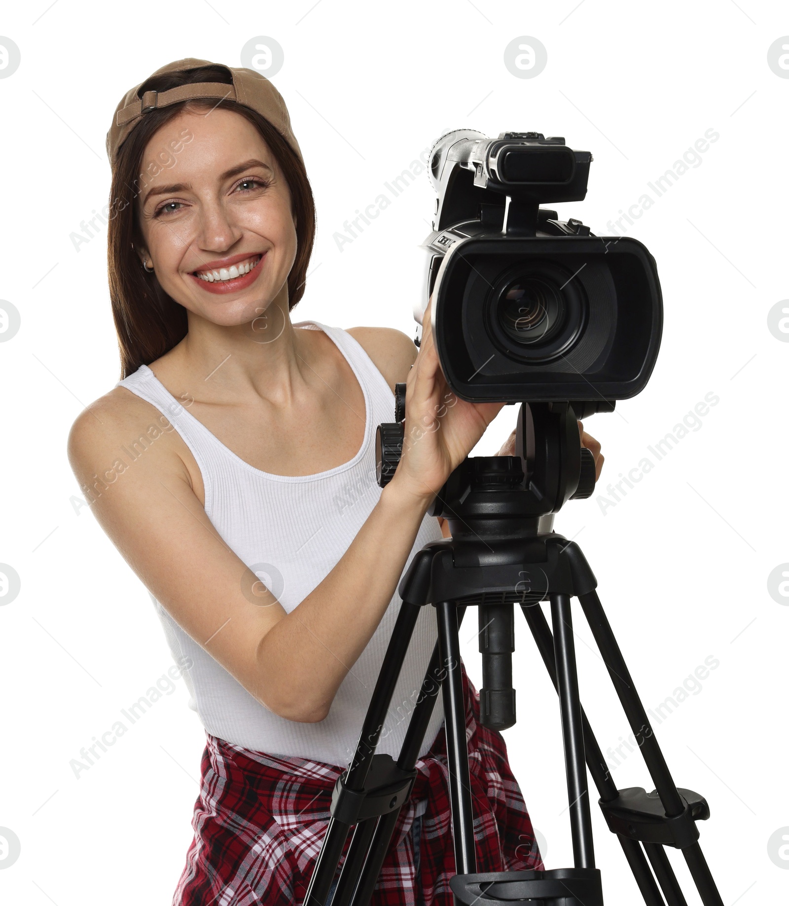 Photo of Happy woman with professional video camera on white background