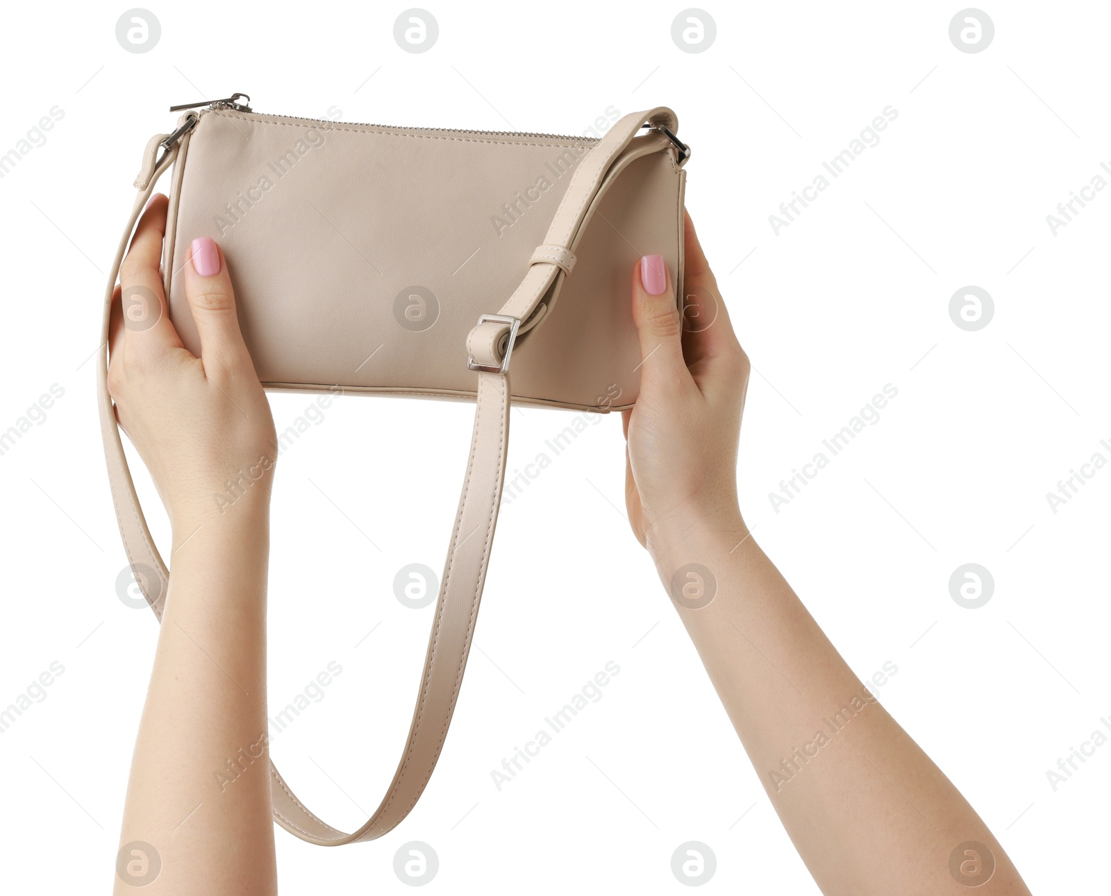 Photo of Woman with beautiful handbag on white background, closeup. Stylish accessory