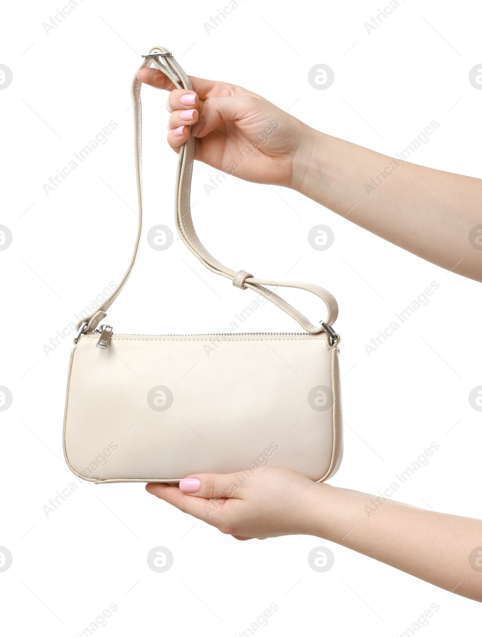 Photo of Woman with beautiful handbag on white background, closeup. Stylish accessory