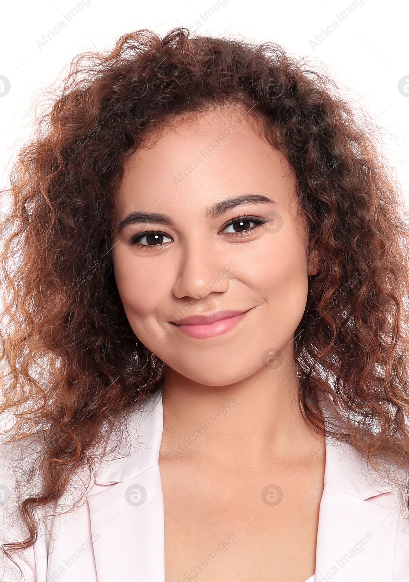 Image of Passport photo. Portrait of woman on white background