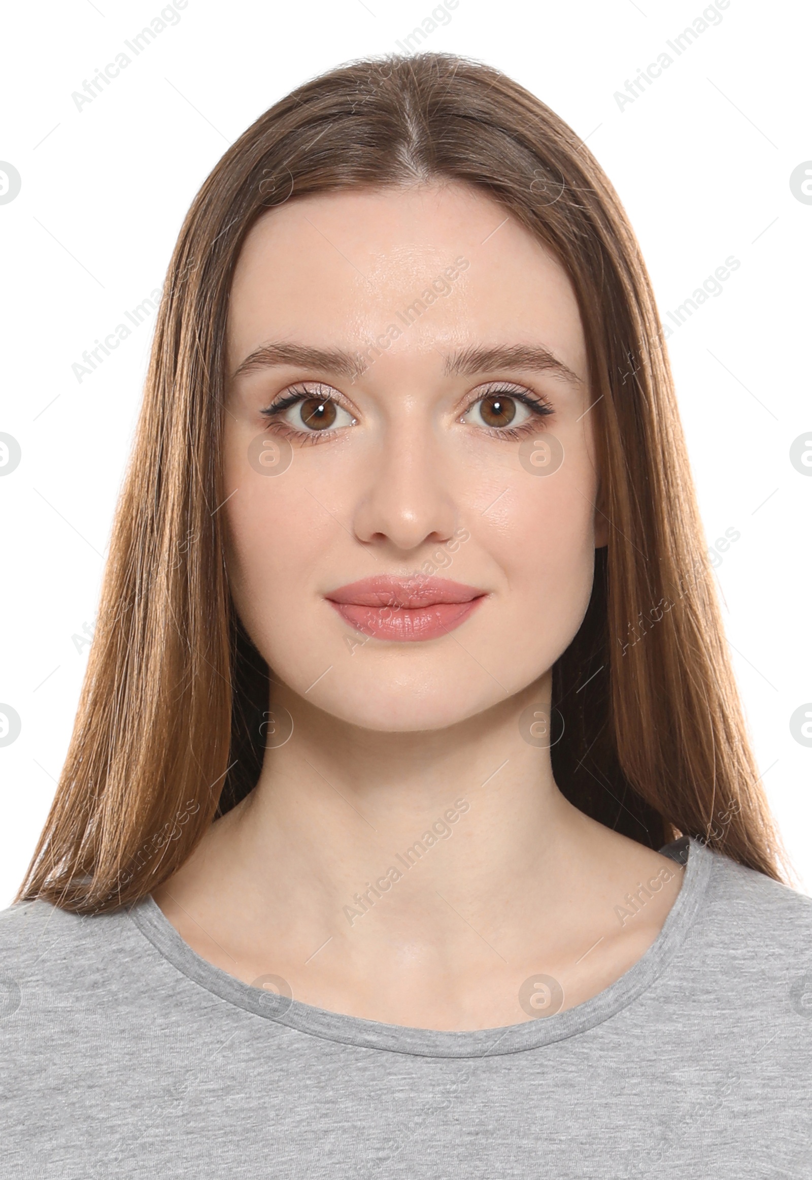 Image of Passport photo. Portrait of woman on white background